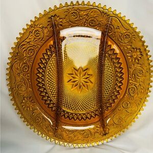 Vintage Amber Pressed Glass Sandwich Serving Tray Starburst Scalloped Rim